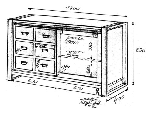 Buffet en bois et en métal, dessin avec les dimensions