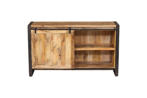 Buffet en bois et en métal, vue de face, côté droit ouvert