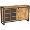 Buffet en bois et en métal, vue de trois quarts, comportant six tiroirs en métal et une porte coulissante