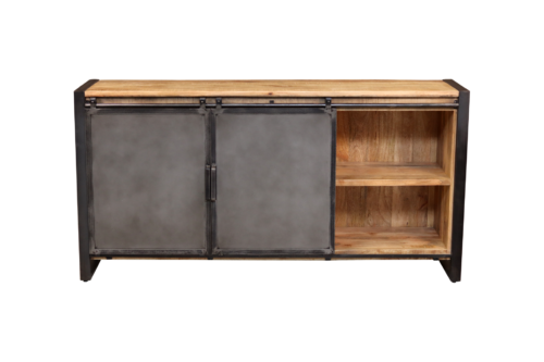 Buffet en bois et en métal, vue de face, côté droit ouvert