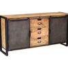 Buffet en bois et en métal, vue de trois quarts, comportant trois tiroirs et deux portes coulissantes