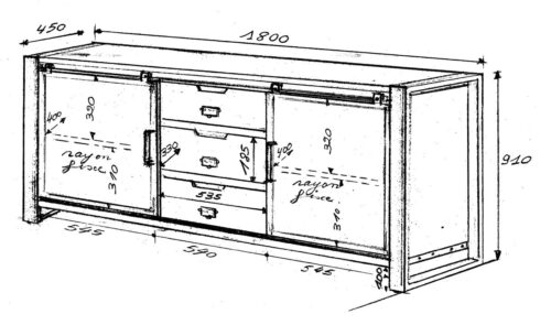 Buffet en bois et en métal, dessin avec les dimensions