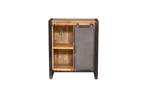 Meuble d'entrée en bois et en métal, vue de face, côté gauche ouvert