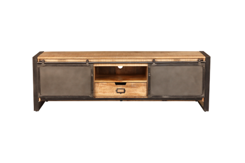Meuble télé en bois et en métal, vue de face, comportant des étagères, un tiroirs et deux portes coulissantes, partie centrale ouverte