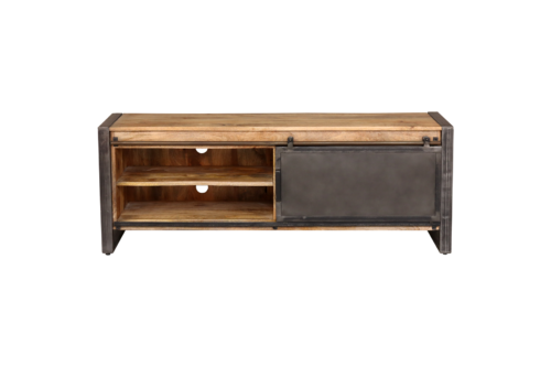 Meuble télé en bois et en métal, vue de face, côté gauche ouvert