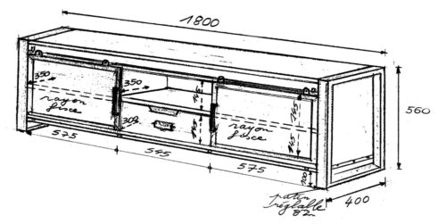 Meuble télé en bois et en métal, dessin avec les dimensions