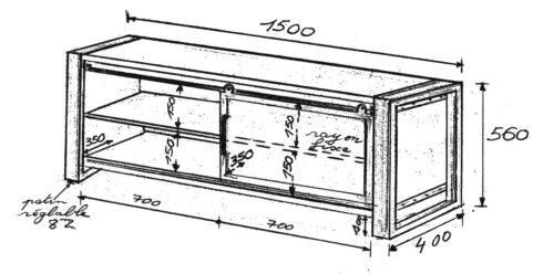 Meuble télé en bois et en métal, dessin avec les dimensions