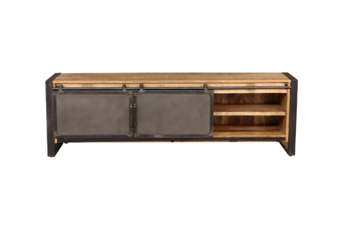 Meuble télé en bois et en métal, vue de face, côté droit ouvert