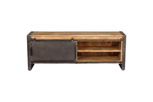 Meuble télé en bois et en métal, vue de face, comportant deux niches et une porte coulissante, côté droit ouvert