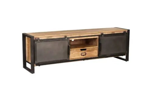 Meuble télé en bois et en métal, vue de trois quarts, comportant des étagères, un tiroirs et deux portes coulissantes, partie centrale ouverte