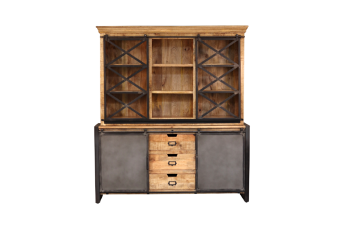 Vaisselier en bois et en métal, vue de face, comportant trois niches, trois tiroirs et quatre portes coulissantes