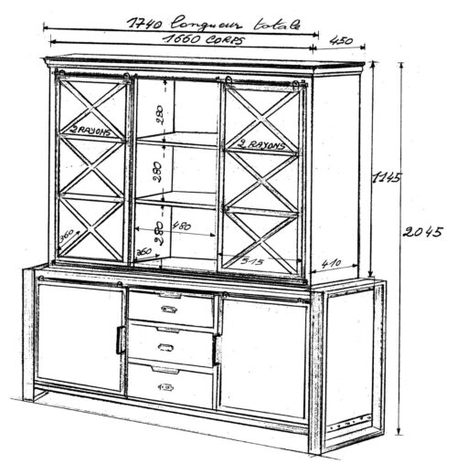Vaisselier en bois et en métal, dessin avec les dimensions