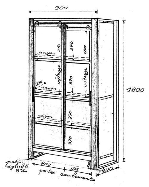 Vitrine en bois et en métal, dessin avec les dimensions